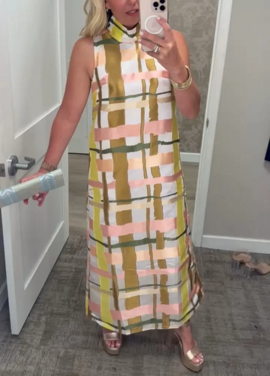 Print Mock Neck Sleeveless Shift Maxi Dress