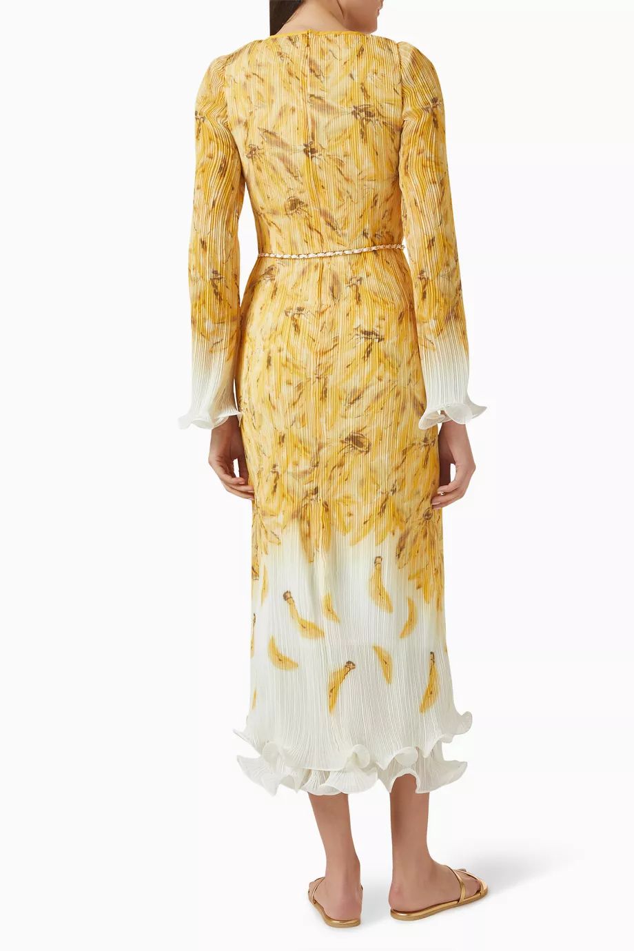 Scalloped Print Pleated Elegant Long Dress