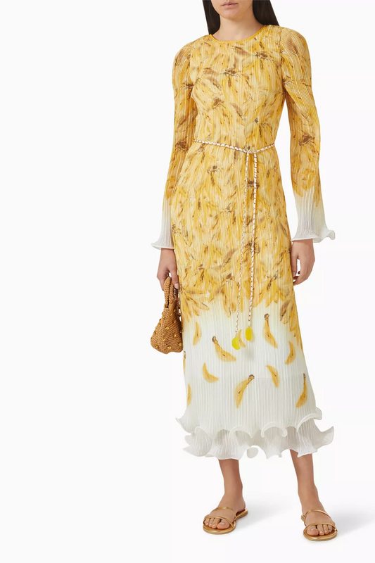 Scalloped Print Pleated Elegant Long Dress