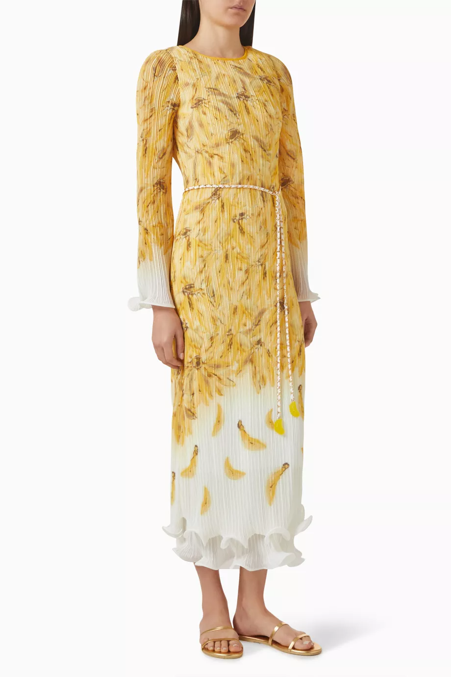 Scalloped Print Pleated Elegant Long Dress