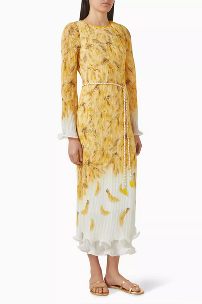 Scalloped Print Pleated Elegant Long Dress