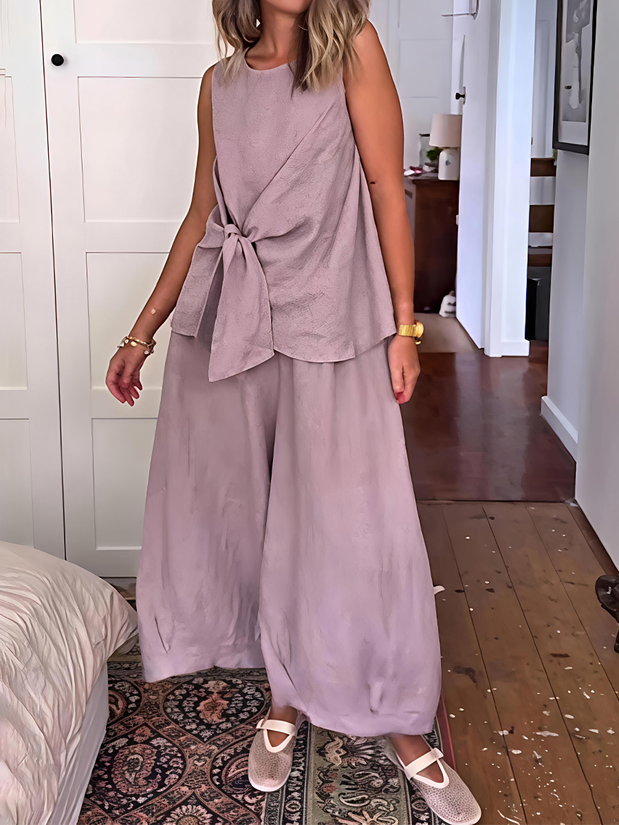 Linen Lace-up Sleeve Loose Two Pieces Set