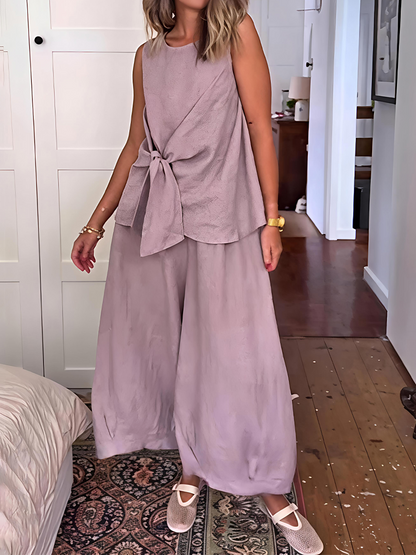 Linen Lace-up Sleeve Loose Two Pieces Set