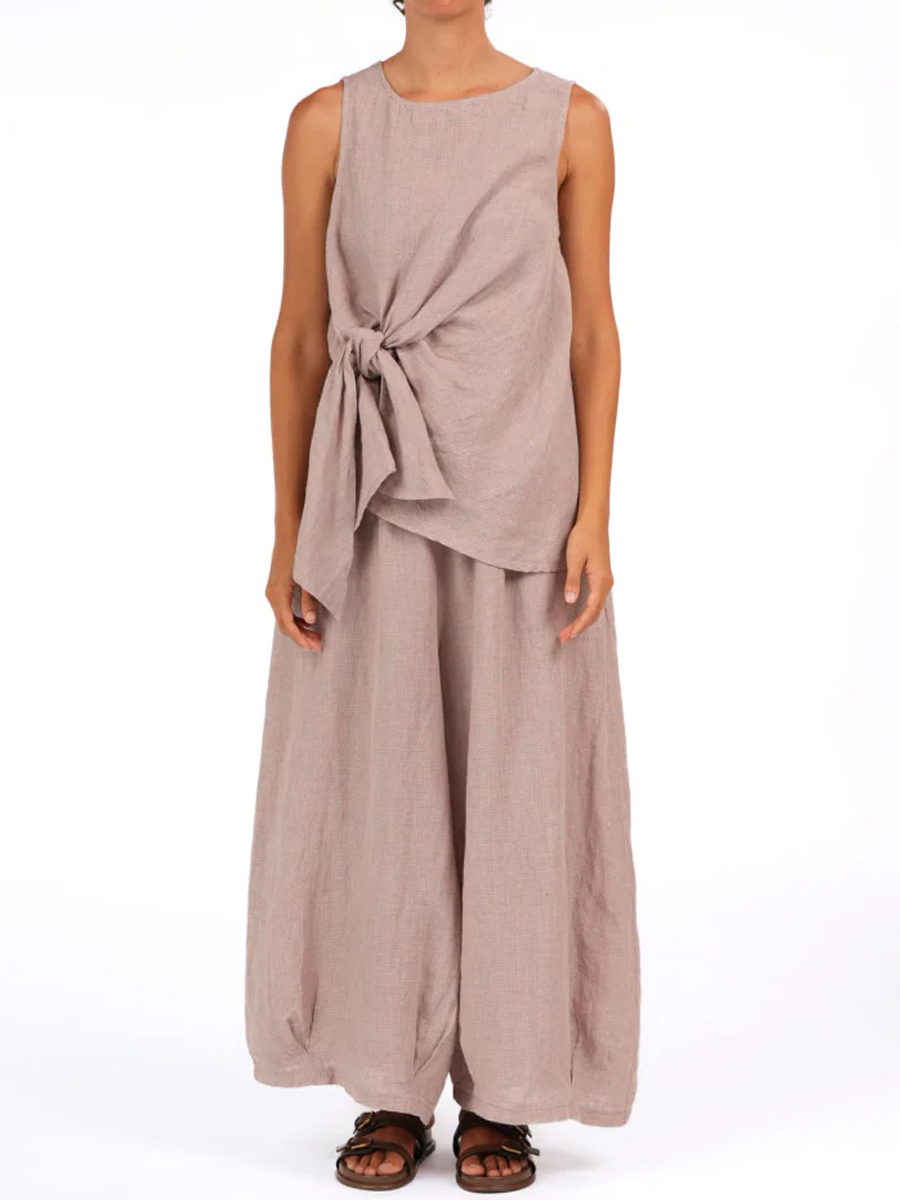 Linen Lace-up Sleeve Loose Two Pieces Set