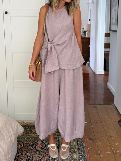 Linen Lace-up Sleeve Loose Two Pieces Set