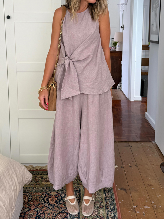 Linen Lace-up Sleeve Loose Two Pieces Set