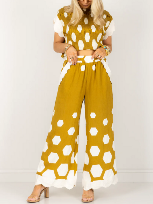 Print Top+Yellow Wide Leg Pants Set