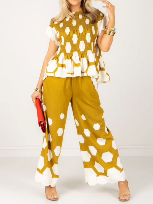 Print Top+Yellow Wide Leg Pants Set