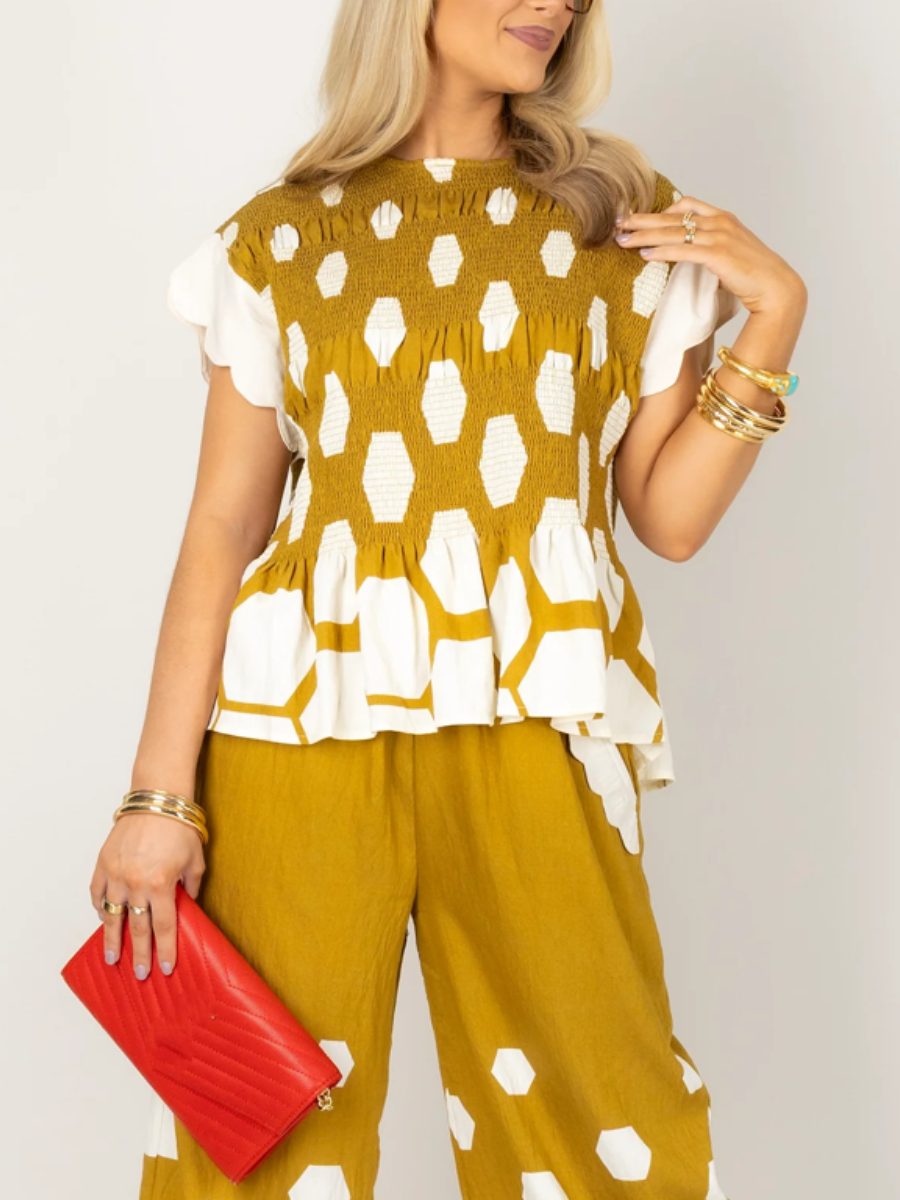 Print Top+Yellow Wide Leg Pants Set