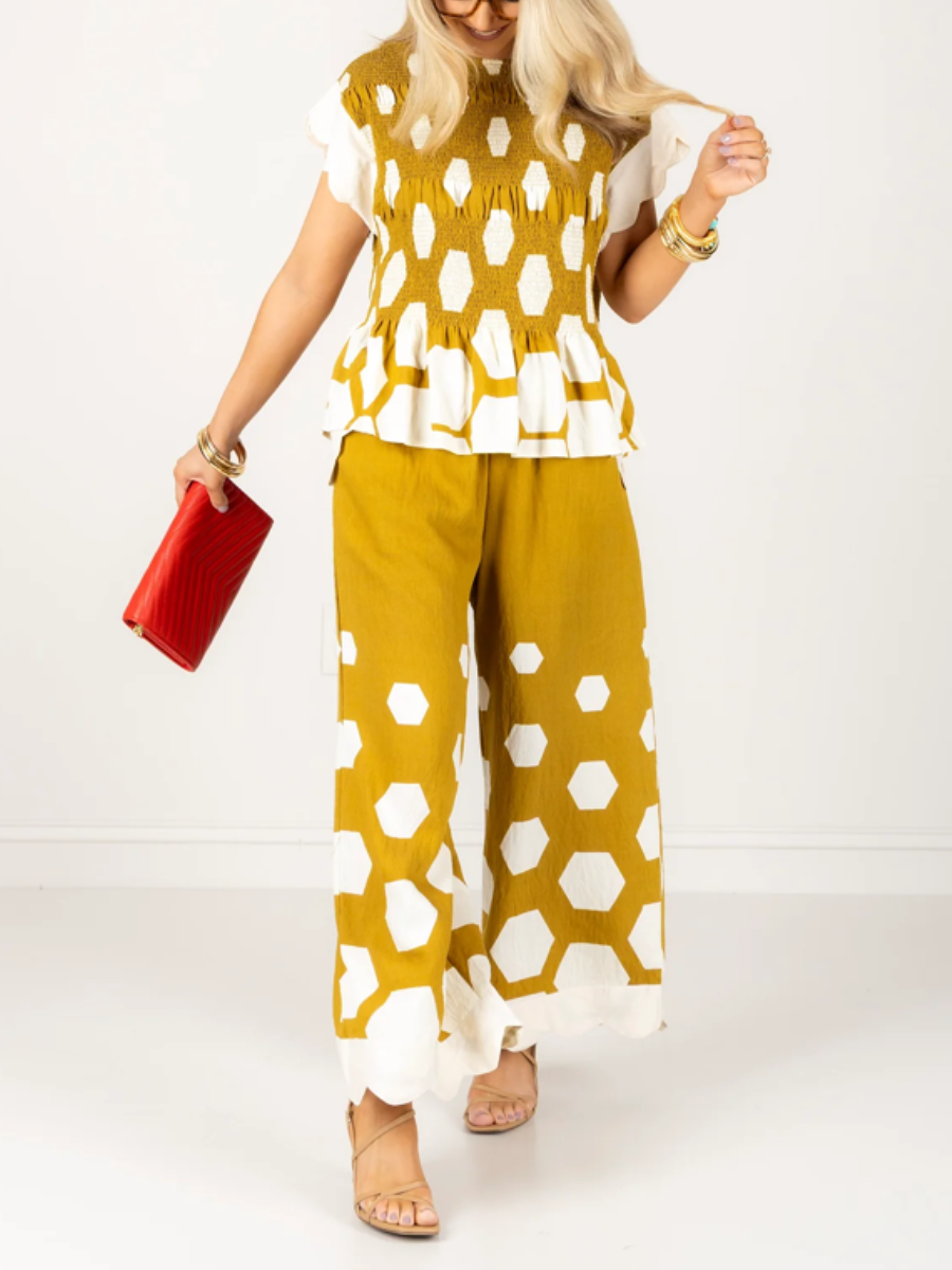 Print Top+Yellow Wide Leg Pants Set