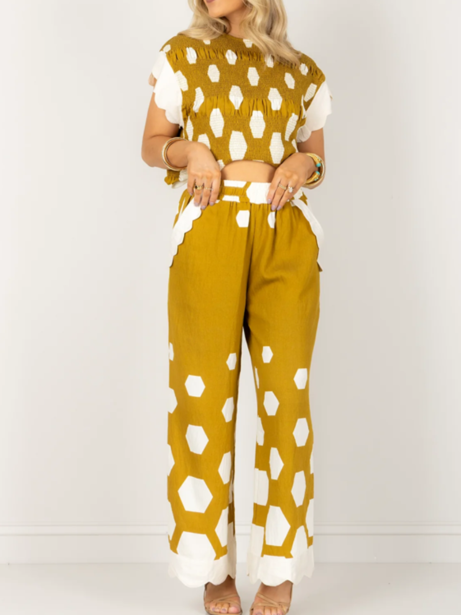 Print Top+Yellow Wide Leg Pants Set