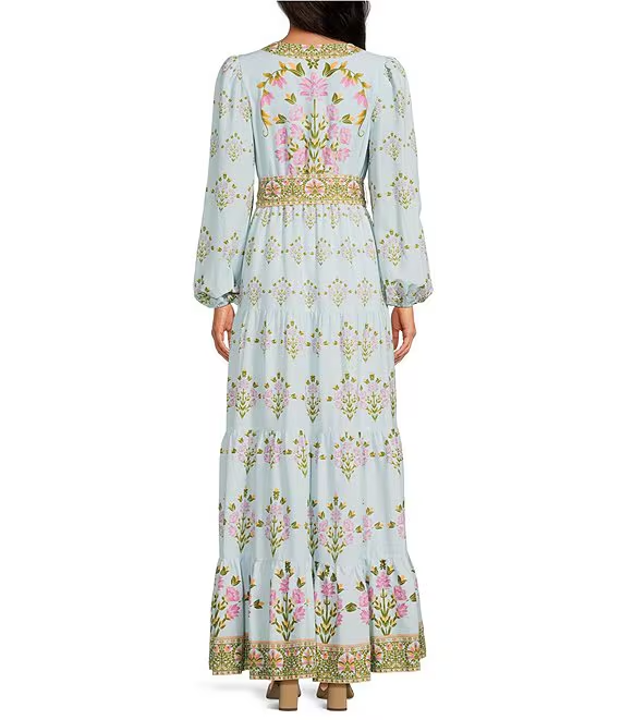 Floral Print Long Bubble Sleeve Maxi Dress