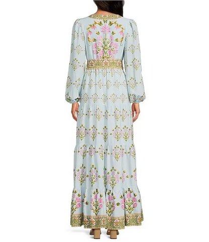 Floral Print Long Bubble Sleeve Maxi Dress