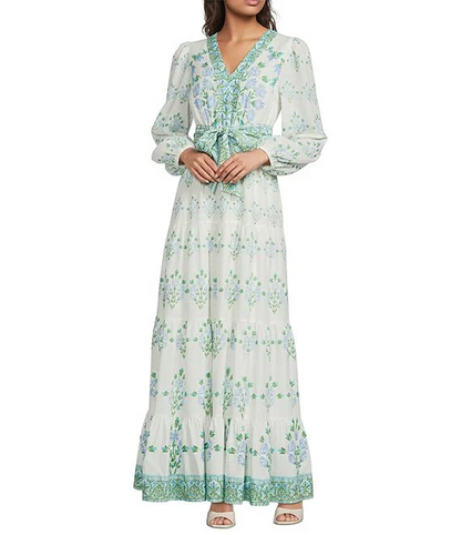Floral Print Long Bubble Sleeve Maxi Dress