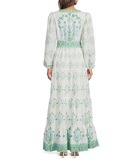 Floral Print Long Bubble Sleeve Maxi Dress