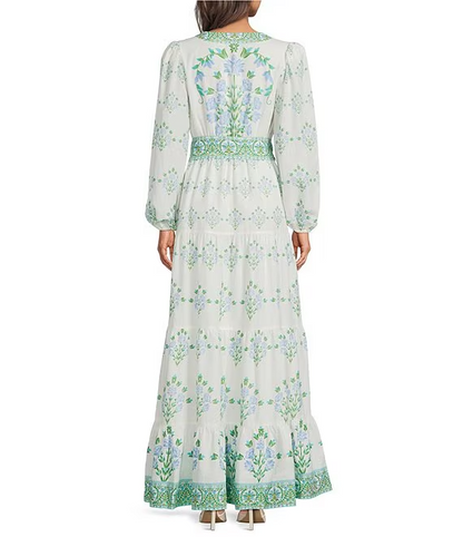 Floral Print Long Bubble Sleeve Maxi Dress