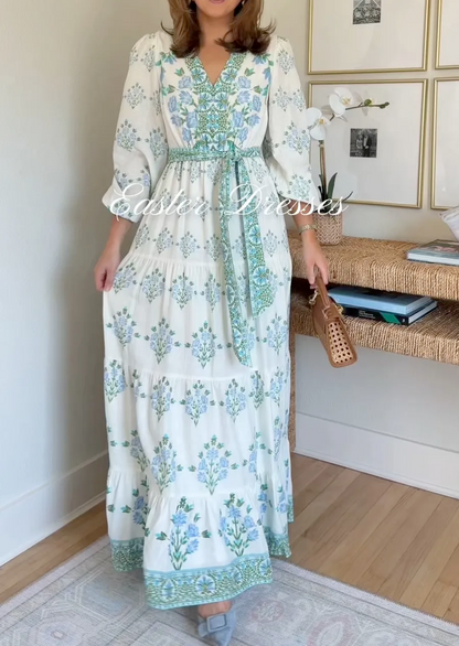 Floral Print Long Bubble Sleeve Maxi Dress