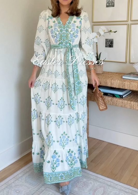 Floral Print Long Bubble Sleeve Maxi Dress