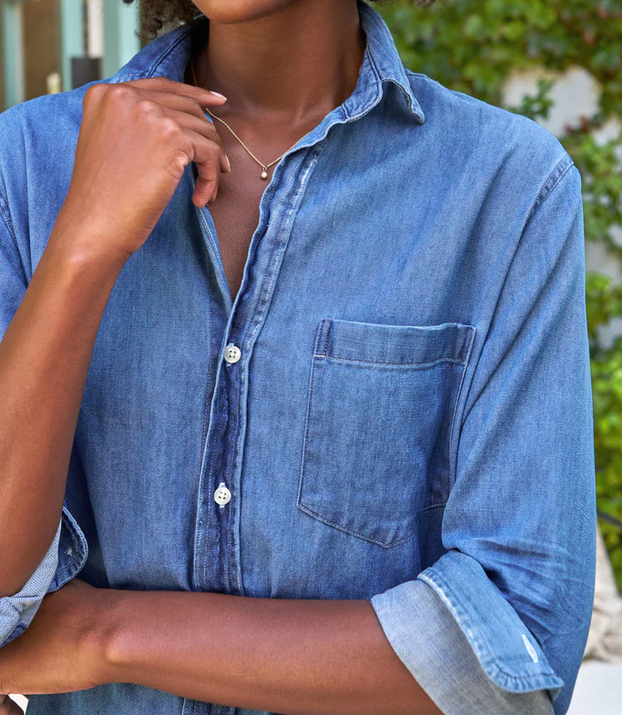 Front-button denim maxi dress