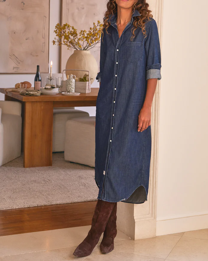Front-button denim maxi dress