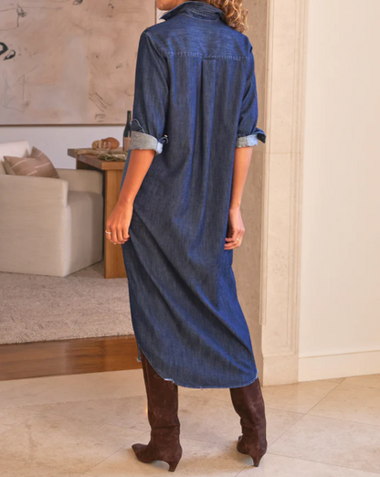 Front-button denim maxi dress
