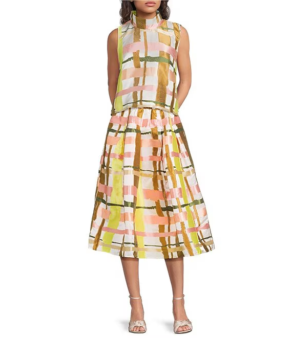 Cropped Plaid Print Sleeveless Dress Two Piece Set