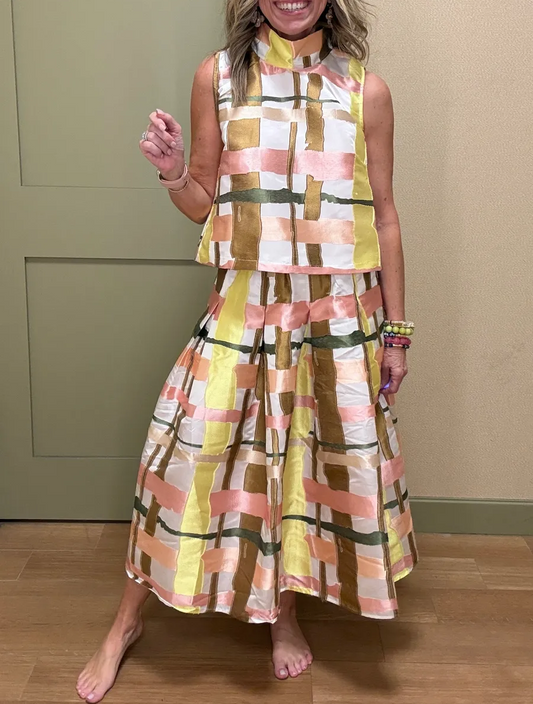 Cropped Plaid Print Sleeveless Dress Two Piece Set