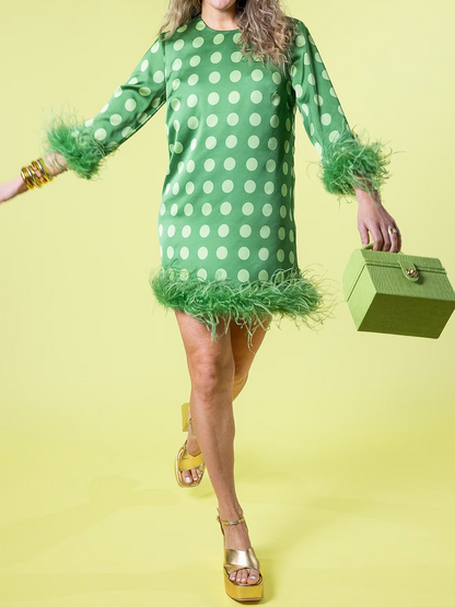Printed Satin Polka Dot Feather Mini Dress