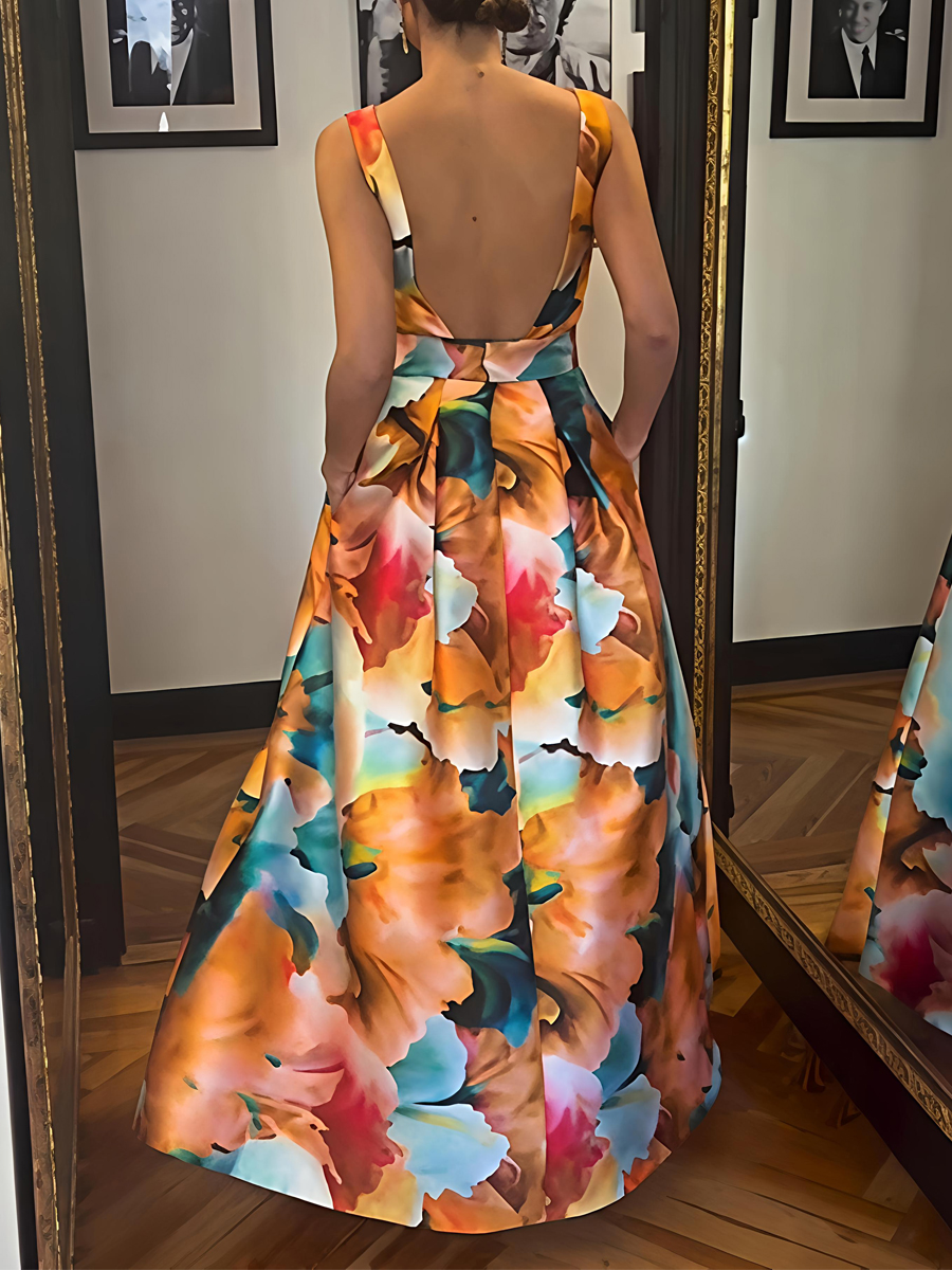 Floral Print Sleeveless Backless Dress