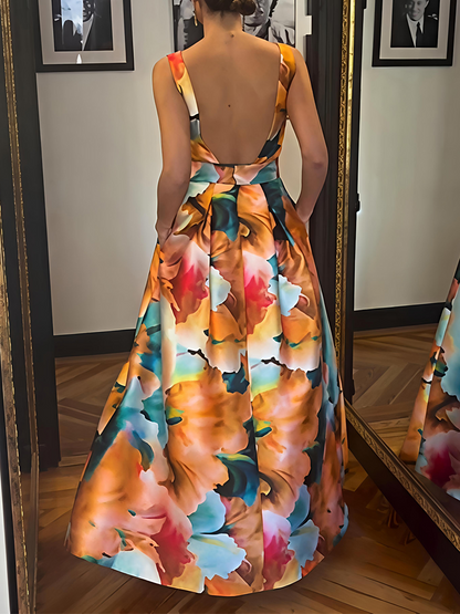 Floral Print Sleeveless Backless Dress