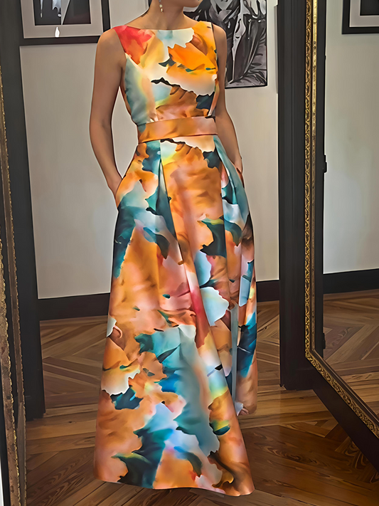 Floral Print Sleeveless Backless Dress