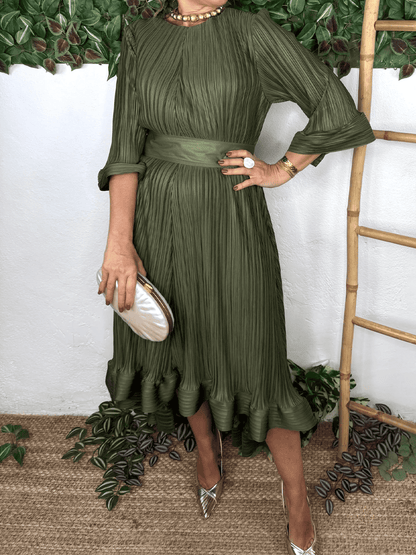 Ruffled Sleeve Pleated Dress