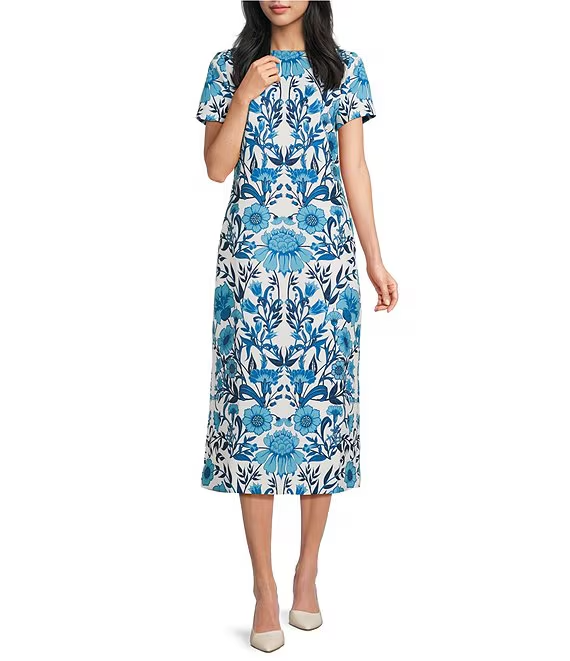 Floral Print Bow Pocketed Column Midi Dress