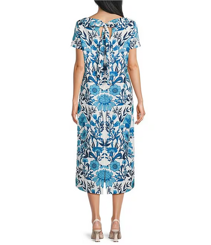 Floral Print Bow Pocketed Column Midi Dress