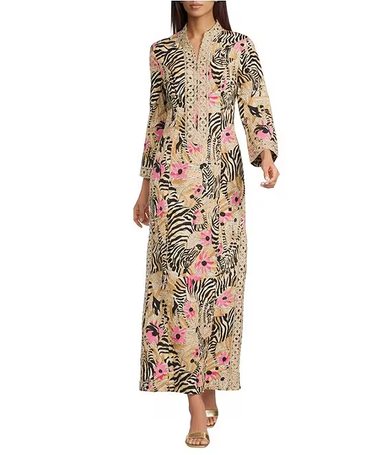 Print Notch Collar 3/4 Sleeve Maxi Dress