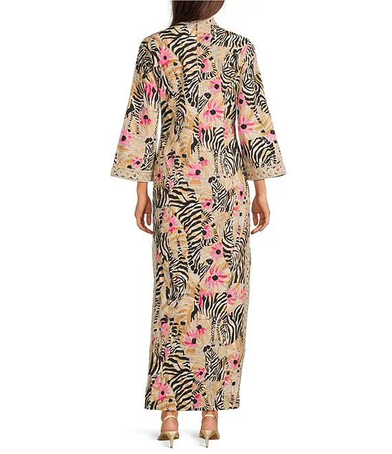 Print Notch Collar 3/4 Sleeve Maxi Dress