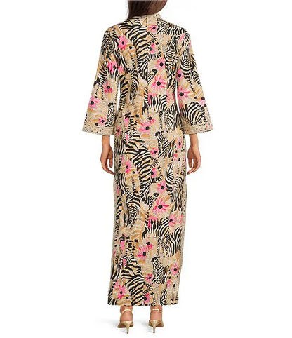Print Notch Collar 3/4 Sleeve Maxi Dress