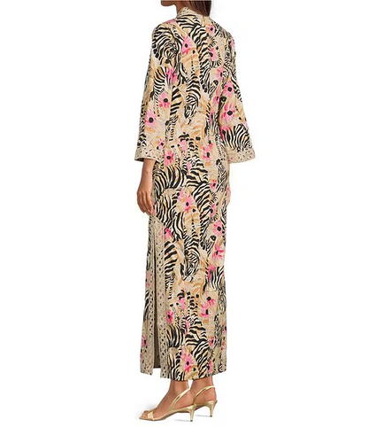 Print Notch Collar 3/4 Sleeve Maxi Dress