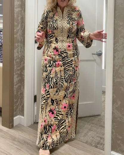 Print Notch Collar 3/4 Sleeve Maxi Dress
