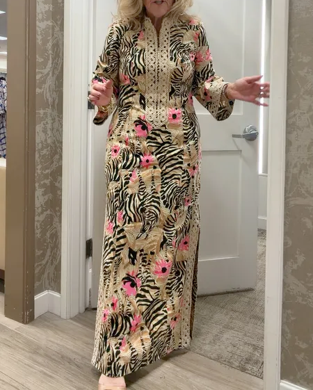 Print Notch Collar 3/4 Sleeve Maxi Dress