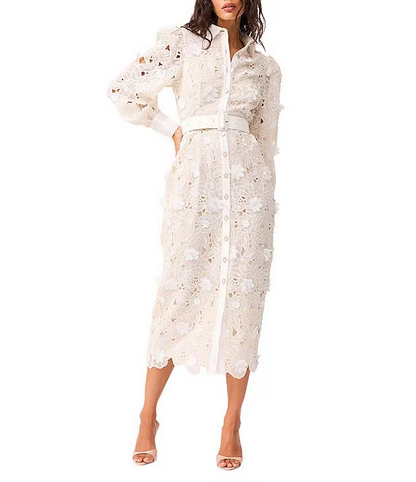 Lace Stand Collar Long Sleeve Midi Dress