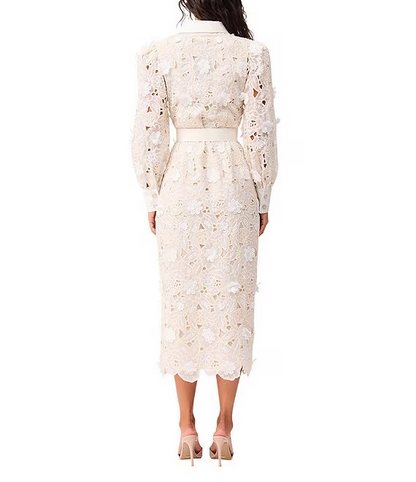 Lace Stand Collar Long Sleeve Midi Dress
