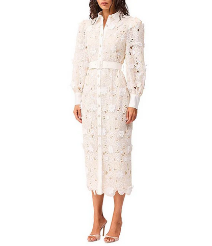 Lace Stand Collar Long Sleeve Midi Dress
