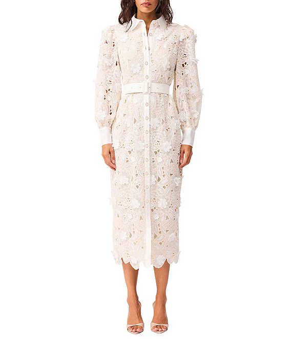 Lace Stand Collar Long Sleeve Midi Dress