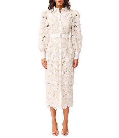 Lace Stand Collar Long Sleeve Midi Dress
