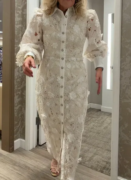 Lace Stand Collar Long Sleeve Midi Dress