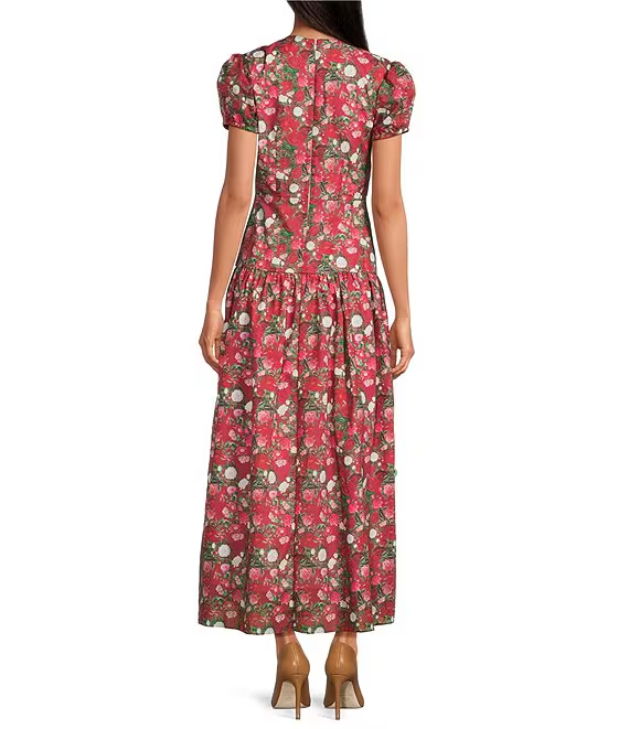Floral Short Puff Sleeve Round Neck Drop Waist Maxi Dress