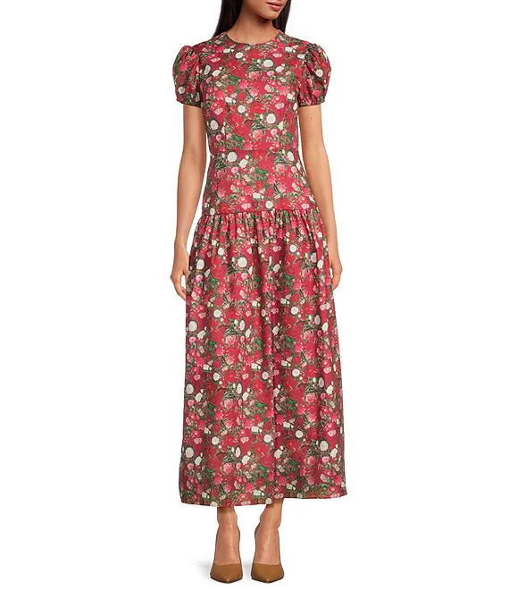 Floral Short Puff Sleeve Round Neck Drop Waist Maxi Dress