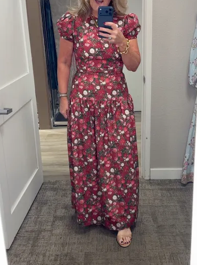 Floral Short Puff Sleeve Round Neck Drop Waist Maxi Dress