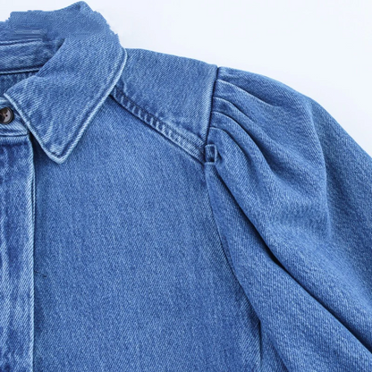Denim Shirt with 3/4 Length Puff Sleeves